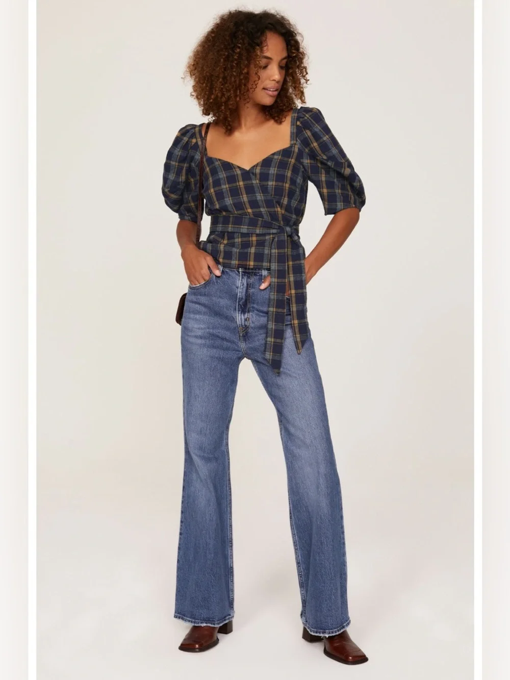 Madewell Sweetheart Wrap Ash Top Plaid Puff-Sleeve Wrap Top Navy & Brown Size S